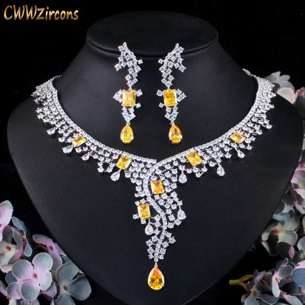 

shiny yellow cubic zirconia pave women party wedding big necklace earring luxury statement bridal jewelry sets t512 210714, Silver