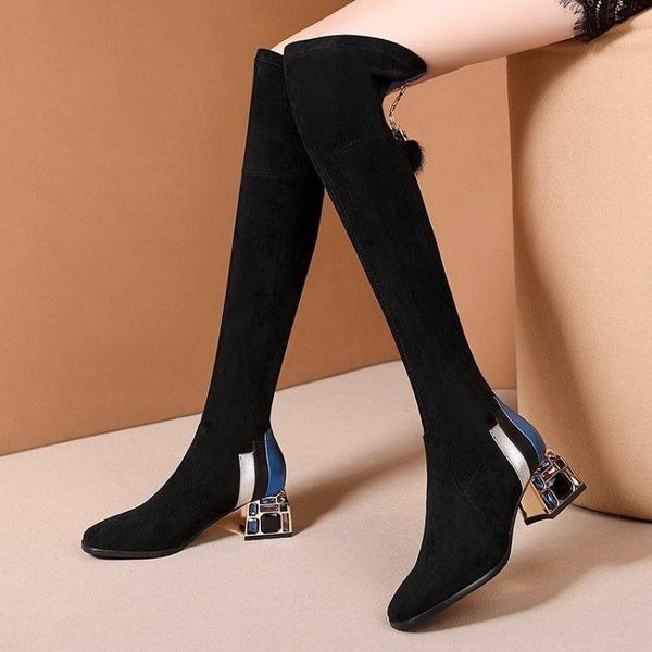 

boots winter 2021 high women's over knee heel elastic thin thick, Black