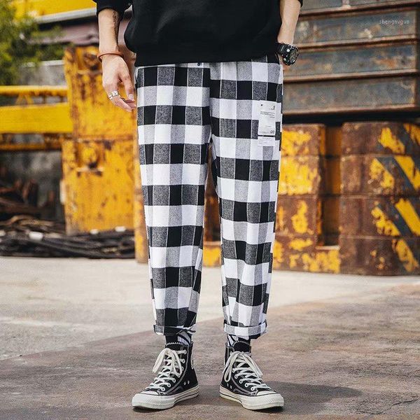 

men's pants 2021 summer plaid loose wild legs straight tooling casual nine, Black