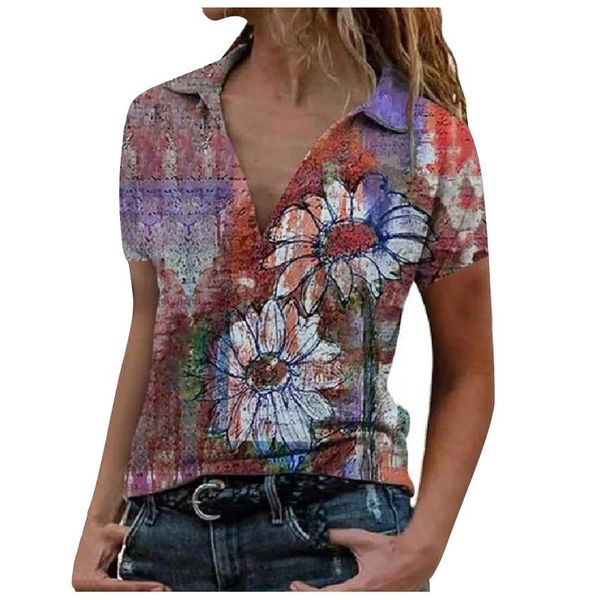 

4# vintage graphic print blouses loose women's casual shirts splicing lapel short-sleeved blouse big size tshirt women 2021 t-shirt, White