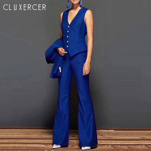

blue business suit women elegant blazer jacket + vest wide leg pant 3 piece set spring autumn office lady women's two pants, White