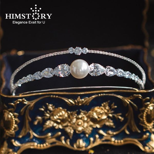 

hair clips & barrettes himstory simple pearl bridal crown and tiaras cubic zircon wedding hairband beauty pageant bride accessorie, Golden;silver