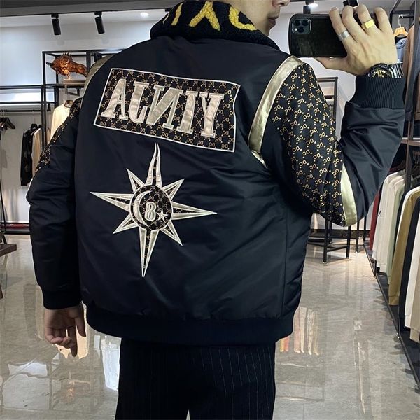 

new fashion brand embroidered down jacket men's 2020 winter trend slim fit handsome lamb wool collar coat, Black