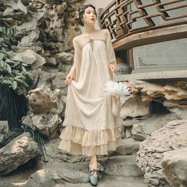

casual dresses women maxi dress chinese style hanfu vestidos improved mesh bowknot v-neck lace ruffle sweet vintage fairy, Black;gray