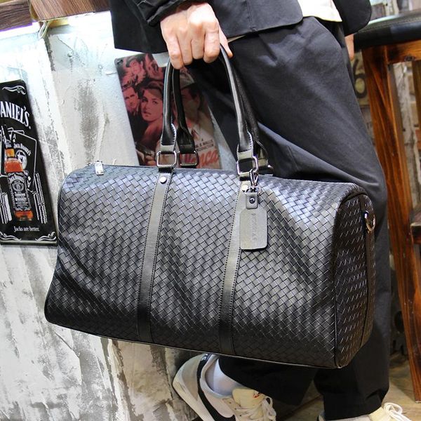 

duffel bags xiao.p fashion men's pu leather woven plaid handbag men shoulder bag travel large capacity business trip