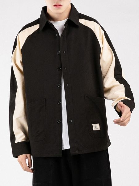 

men letter patch dual pocket colorblock raglan sleeve shirt e3ic#, White;black