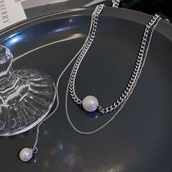 

metal not fade wear double-layer simulation pearl long tassel necklace female luxury niche clavicle chain french romantic style chokers, Golden;silver