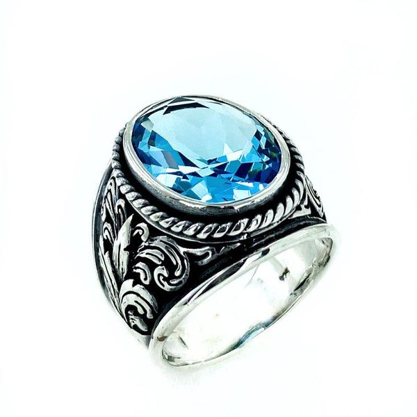 Кластерные кольца Большой аквамариновый камень Ручная продукция 925 Серебряное мужское кольцо