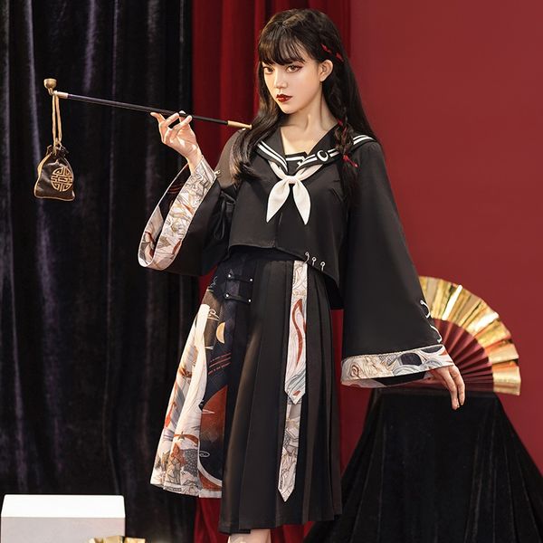 

chinese style suit japanese harakuju black shirt cosplay costume asian streetwear hanfu dress costume girls pleated skirt 12503, Red