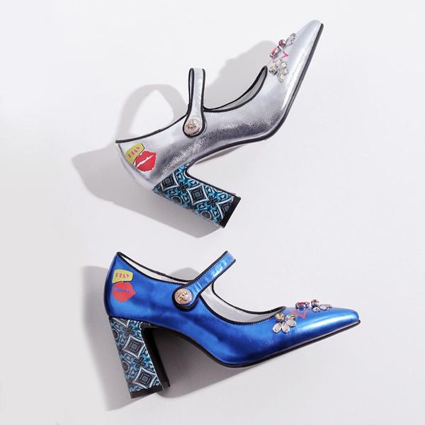 

dress shoes junetxin spring summer block heel vintage button decoration pumps genuine leather printed floral women pointed toe, Black