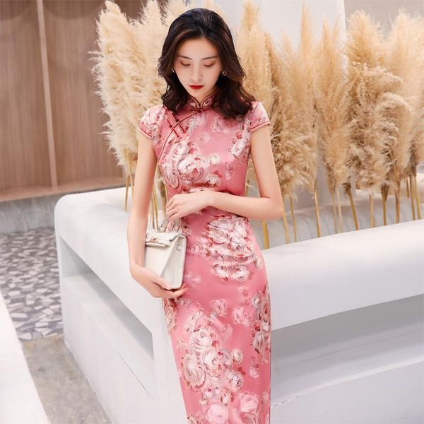 

ethnic clothing female print flower qipao slim long satin chengsam pink chinese dress elegant mandarin collar vestidos plus size 3xl 4x, Red