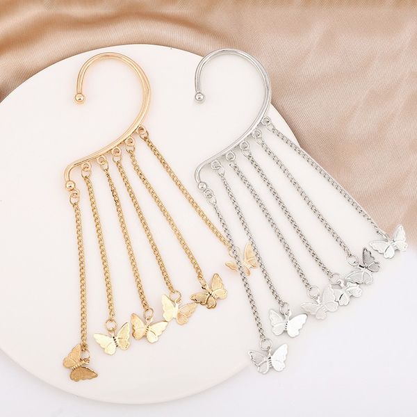 

sweet exquisite gold silver butterfly long tassel ear cuff clip earring no pierced alloy clip on earrings for women jewelry