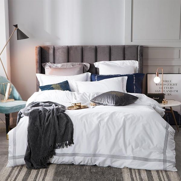 

100%cotton white gray blue embroidery bedding set  king size soft bed sheet duvet cover fitted ropa de cama sets