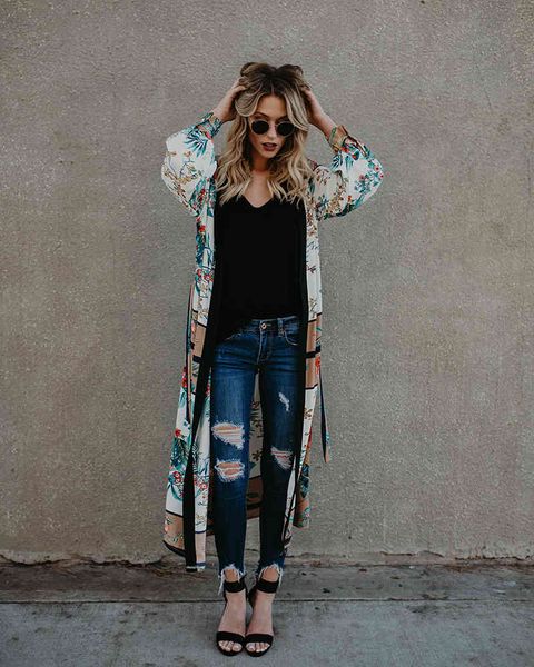 

women's swimwear print vintage kimono beach cover up with sashes bohemian 2021 arrival holiday long cardigan sleeve outing rx0y, White;black