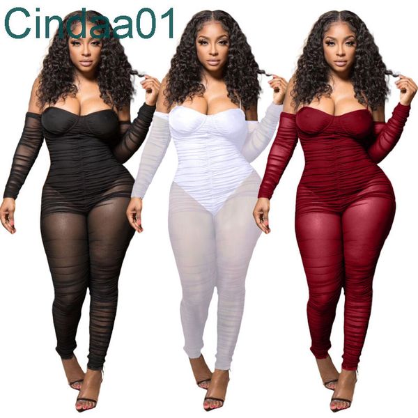 

women designer jumpsuits sim solid color nightclub suspender mesh rompers long sleeve leggings bodysuits 3 colours, Black;white