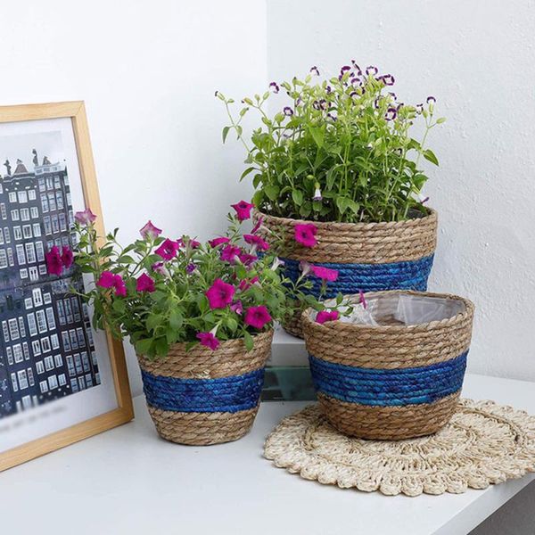 

hand-woven seagrass planter basket flowerpot containers seaweed round household blue home furnishing plants decor multifunction storage bask