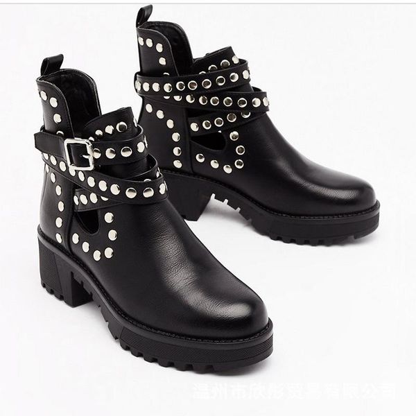 

boots round head platform thick cool 2021 knight heel hollow out female rivet single boot large, Black
