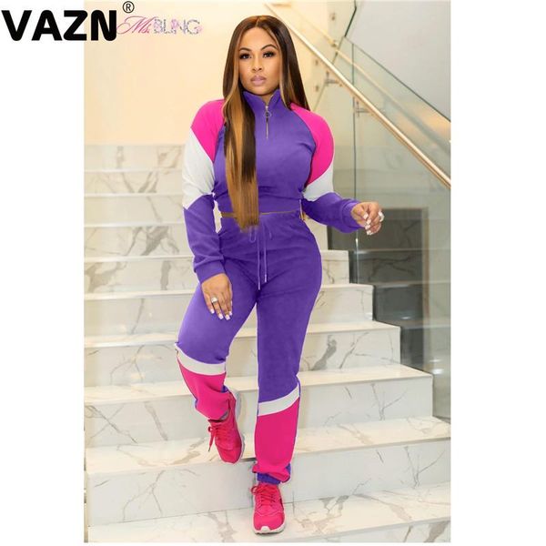 

chic 2021 lady summer 5 colors long set full sleeve zipper neck pullover pants casual sets women's tracksuits, Gray