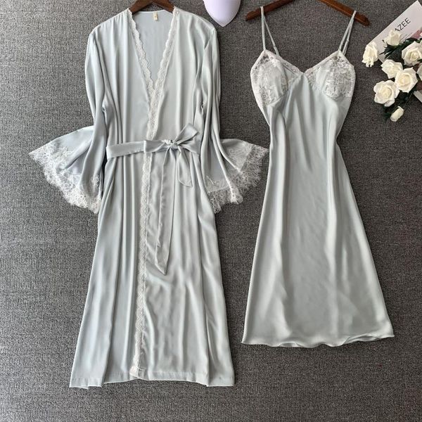 

women's sleepwear v-neck robe gown suit ladies sweet lace flower strap nightgown spring autumn satin home dress intimate lingerie, Black;red