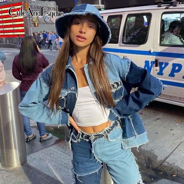 

patchwork harajuku jeans jackets for women streetwear vintage fashion y2k aesthetic 90s coats casual autumn jacket cuteandpsycho women', Black;brown
