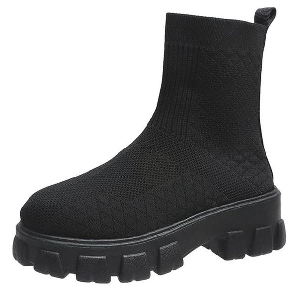 

boots dropship female motorcycle mesh square heel slip-on solid platform comfy fashion women ankle shoes big size 43, Black
