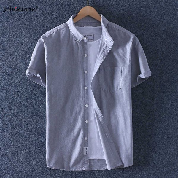 

brand schinteon men summer oxford short sleeved casual slim shirt 100% cotton shirts turn-down collar arrival 210721, White;black