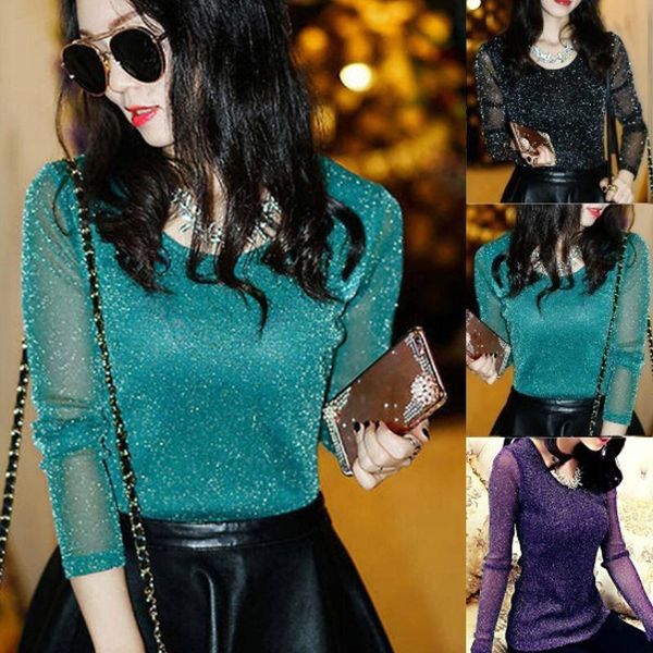 

fashion mesh shiny transparent tee t-shirts women spring long sleeve o-neck perspective shine casual blouse gift women's blouses &, White