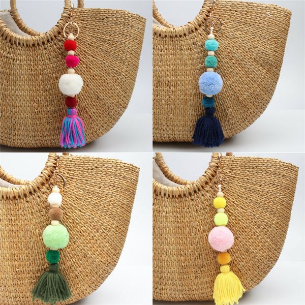

1pc big pompom keychains women handbag charms for summer tassel keyring boho style jewelry, Silver