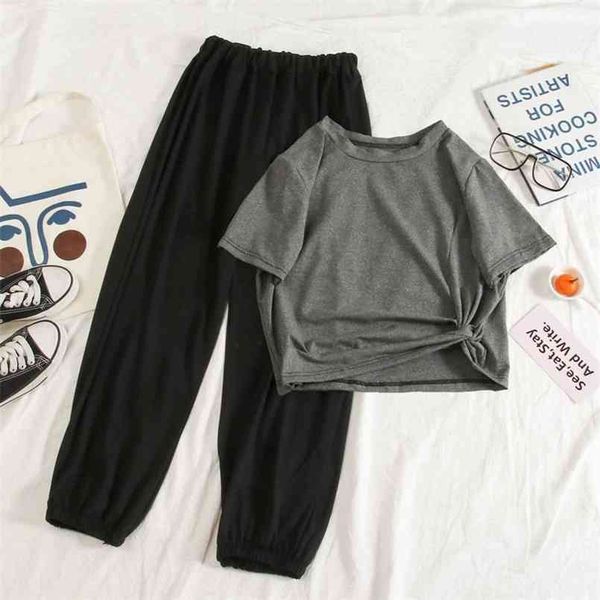 

qweek korean style tees + high waist wide leg pants solid two pieces pajama set women loose sleepwear home suit 210809, Black;red