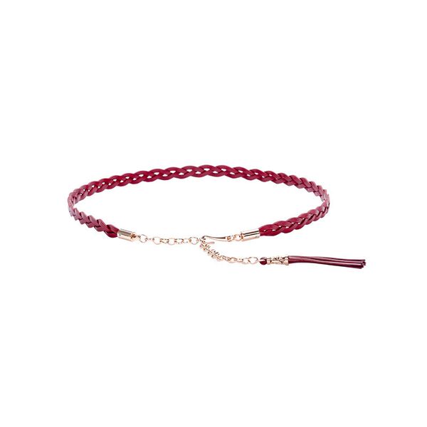 

women's head leather tassel waist chain versatile fashion woven thin belt, Silver