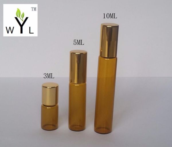 

3ml 5ml 10ml empty amber glass roll on bottle with aluminum cap, perfume bottle, gold cap wyl storage bottles & jars