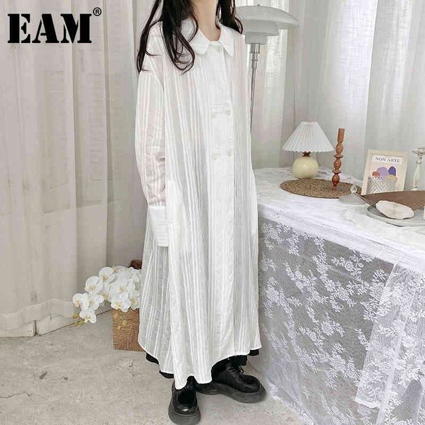 

[eam] women white striped big size long blouse lapel long sleeve loose fit shirt fashion spring summer 1dd8637 21512
