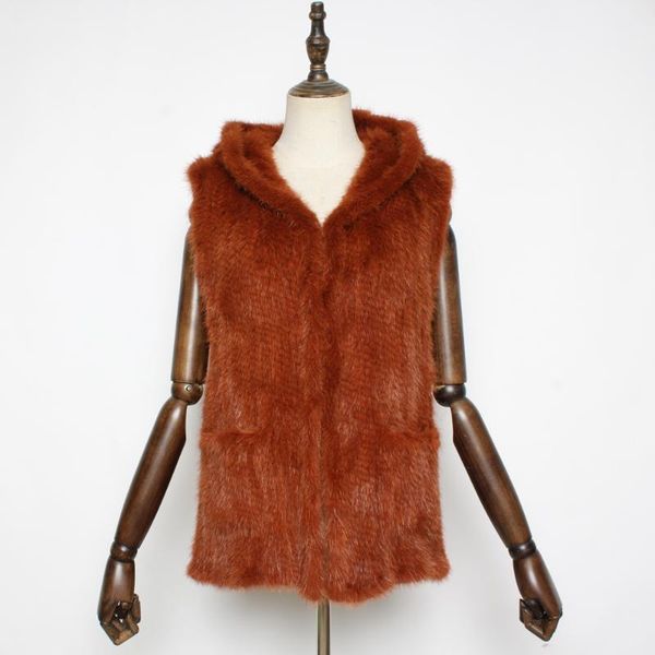 

women's fur & faux women real mink vest hooded luxury spring natural waistcoat fashion sleeveless coats street casual gilet, Black