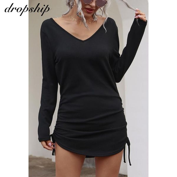 

chic women dress autumn solid v neck sweater fluffy loose mini soft thin for party casual dresses, Black;gray