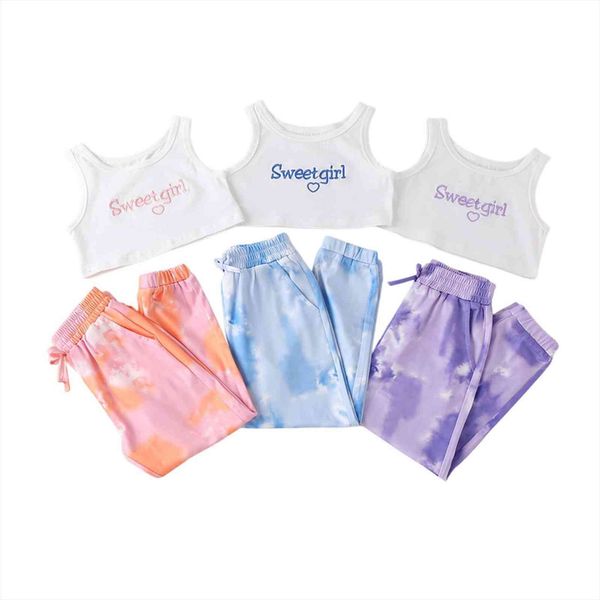 

kids suit set, summer letter embroidery round neck camisole tie dyed long pants for girls, 2 7 years, White