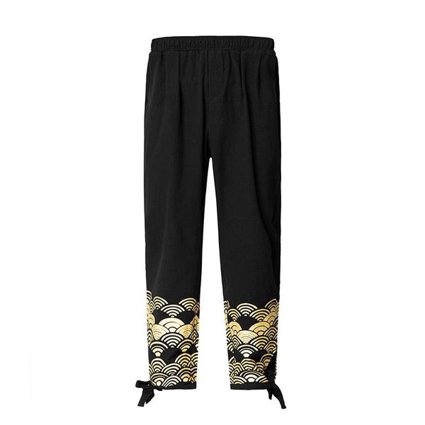 

men's pants harajuku men printing casual jogger boys summer slim strand hosen linen hose pant, Black