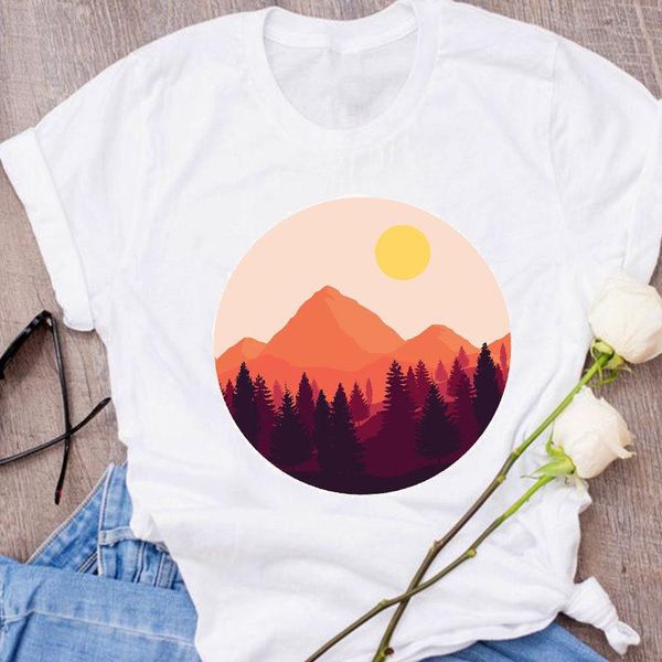 

women's t-shirt mountain print graphic cartoon kawaii short sleeve 90s clothes ladies tee female, White
