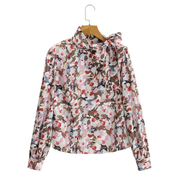 

spring women graffiti print stand collar lace up bow casual shirt female long sleeve blouse loose blusas s8568 210430, White