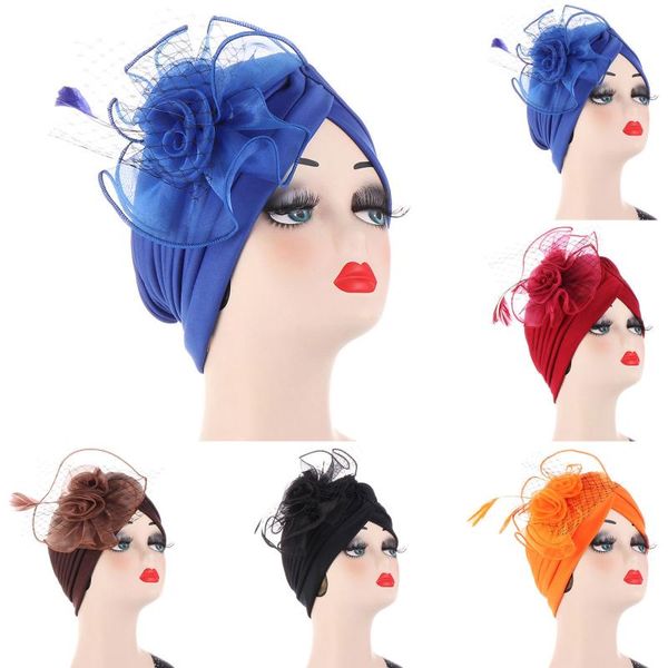 

beanie/skull caps women muslim turban hat cancer chemo cap hair bonnet head scarf wrap cover simple bandage solid color dustproof big flower, Blue;gray