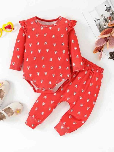 

baby heart print ruffle trim bodysuit & sweatpants she, White