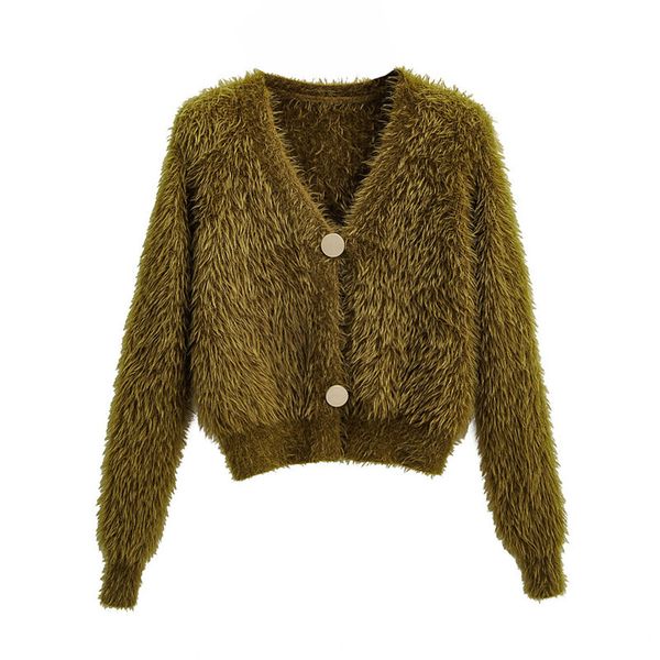 

blsqr women imitation mink hair cardigan sweaters female short v-neck long sleeve knitted 210430, White