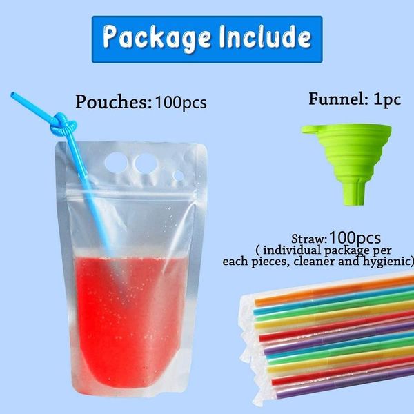 

storage bags 100pcs 500ml drink pouches juice beverage stand-up self-sealing candy bag with straws&funnel for cold & drinks