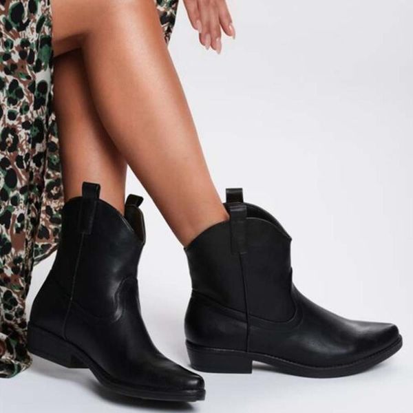 

boots 2021 brand ankle shoes slip on fashion tide trendy vintage women western boot, Black