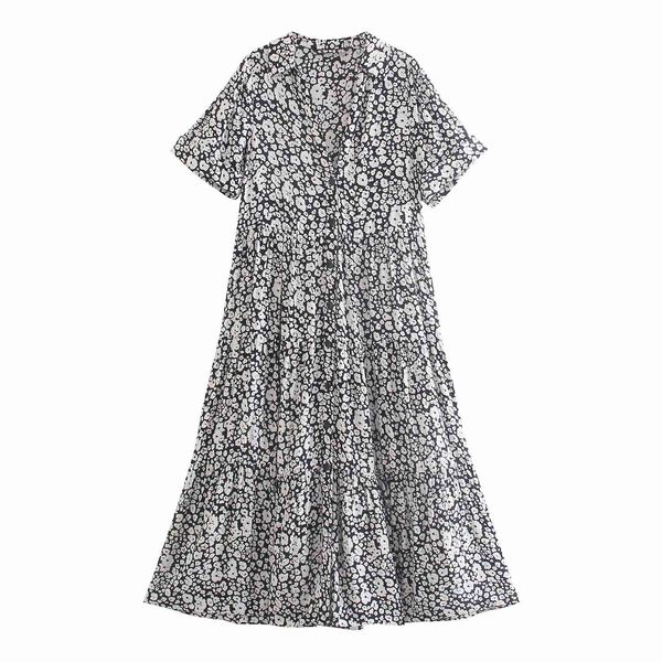 

summer women floral print dress v-neck short sleeve midi dresses chic lady casual fashion clothes 210517, Black;gray