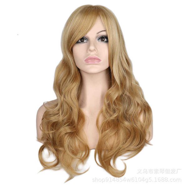 

women's big wave light gold pick dyed long curly hair makeup ball wig performance, Black
