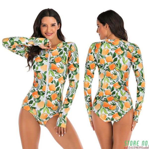 

one-piece suits orange print long mouwen rash guard women badmode rits a piece of bathing suit high neck surf pak dive bodysuit beachwear s-