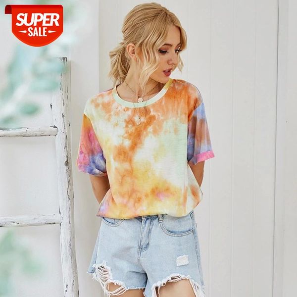 

summer o-neck casual tie-dye t shirt women fshion cotton short sleeve 2020 new #t96m, White