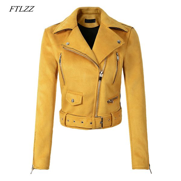 Frauen Faux Weiches Leder Wildlederjacke Gelb Grün Mantel Dame Motorrad Punk Schwarz Kurz Reißverschluss Design Mäntel 210423