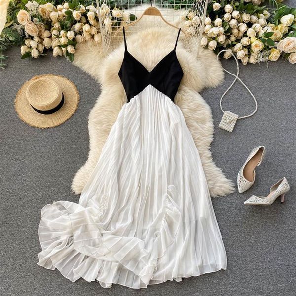 

Beach Sexy Pleated Summer Women Dress V Neck Patchwork Chiffon Long Ladies Elegant Spaghetti Strap Vestido De Mujer, Black;gray