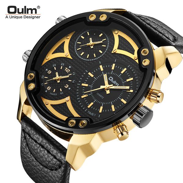 

watch oulm multi time zone fashion men's 2021 large dial quartz belt, Slivery;brown